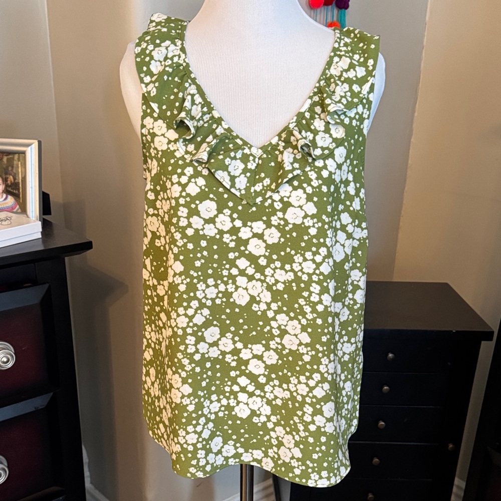 LC Lauren Conrad Olive Floral Ruffle Blouse